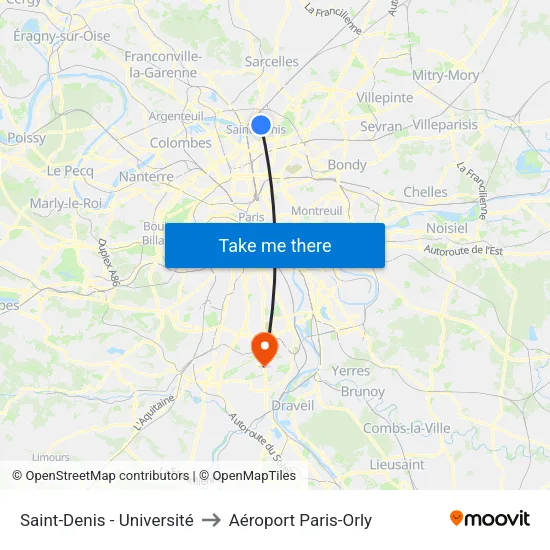 Saint-Denis - Université to Aéroport Paris-Orly map