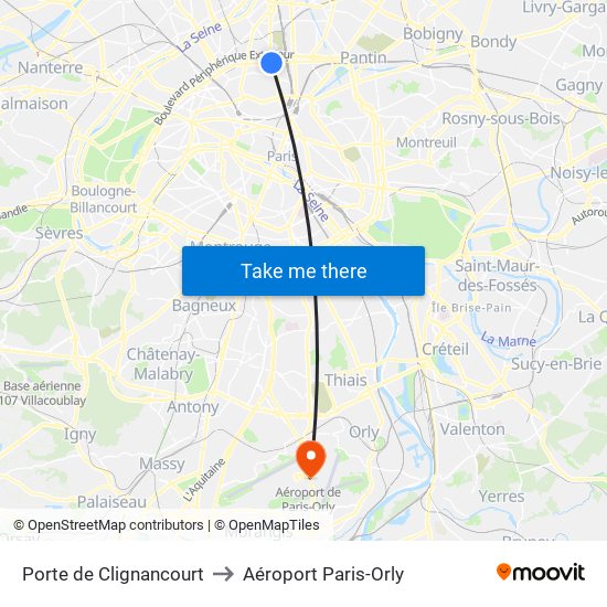 Porte de Clignancourt to Aéroport Paris-Orly map