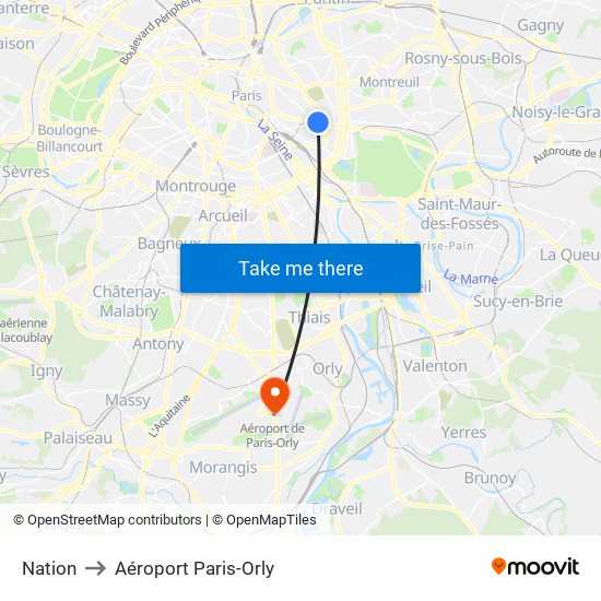 Nation to Aéroport Paris-Orly map