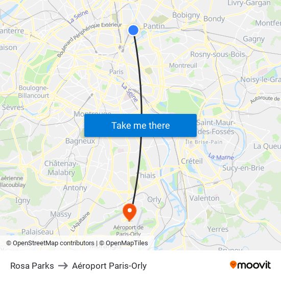 Rosa Parks to Aéroport Paris-Orly map