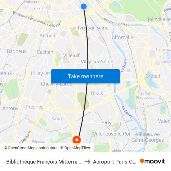 Bibliothèque François Mitterrand to Aéroport Paris-Orly map