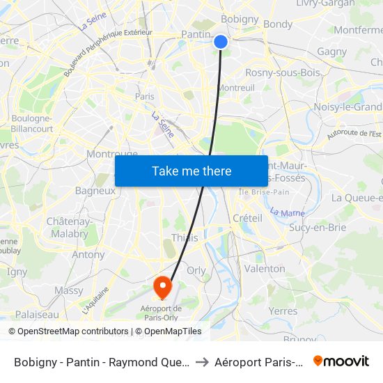 Bobigny - Pantin - Raymond Queneau to Aéroport Paris-Orly map
