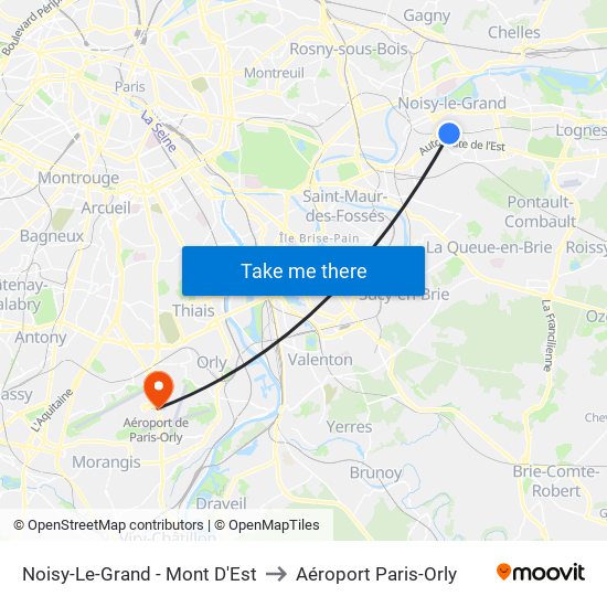 Noisy-Le-Grand - Mont D'Est to Aéroport Paris-Orly map