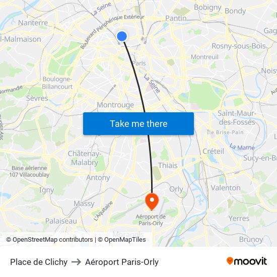 Place de Clichy to Aéroport Paris-Orly map
