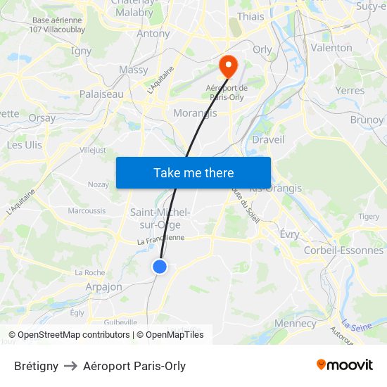 Brétigny to Aéroport Paris-Orly map