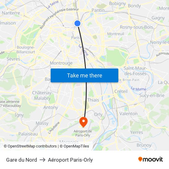 Gare du Nord to Aéroport Paris-Orly map
