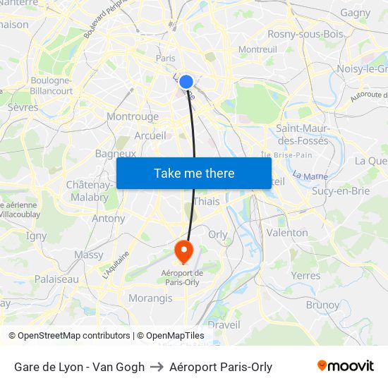 Gare de Lyon - Van Gogh to Aéroport Paris-Orly map