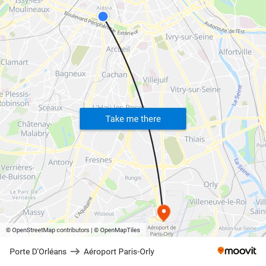 Porte D'Orléans to Aéroport Paris-Orly map
