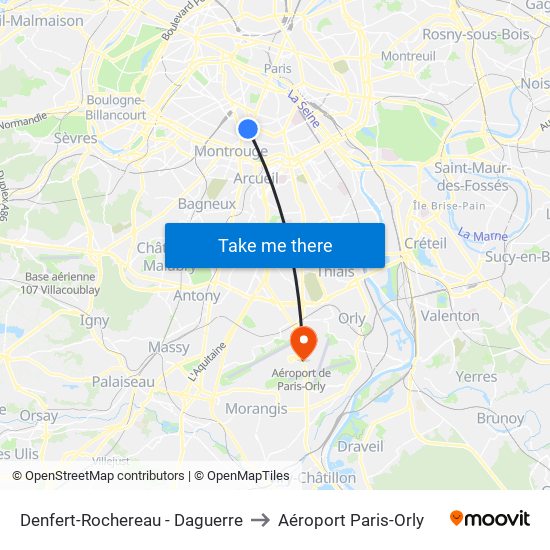 Denfert-Rochereau - Daguerre to Aéroport Paris-Orly map