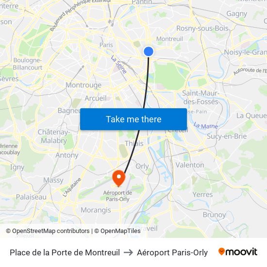 Place de la Porte de Montreuil to Aéroport Paris-Orly map