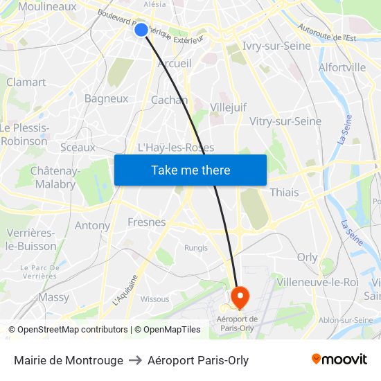 Mairie de Montrouge to Aéroport Paris-Orly map