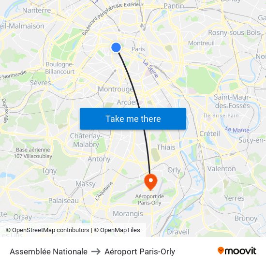 Assemblée Nationale to Aéroport Paris-Orly map