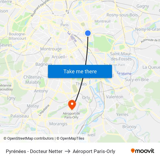 Pyrénées - Docteur Netter to Aéroport Paris-Orly map