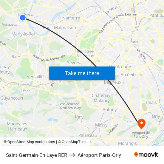 Saint-Germain-En-Laye RER to Aéroport Paris-Orly map