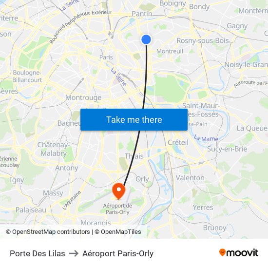Porte Des Lilas to Aéroport Paris-Orly map