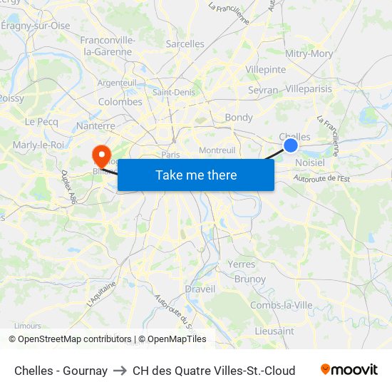 Chelles - Gournay to CH des Quatre Villes-St.-Cloud map