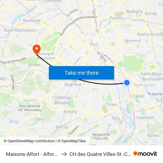 Maisons-Alfort - Alfortville to CH des Quatre Villes-St.-Cloud map
