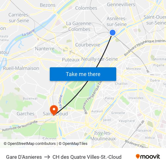 Gare D'Asnieres to CH des Quatre Villes-St.-Cloud map