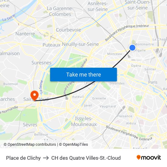 Place de Clichy to CH des Quatre Villes-St.-Cloud map