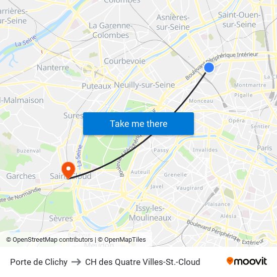 Porte de Clichy to CH des Quatre Villes-St.-Cloud map