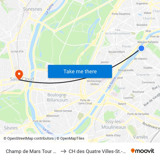 Champ de Mars Tour Eiffel to CH des Quatre Villes-St.-Cloud map