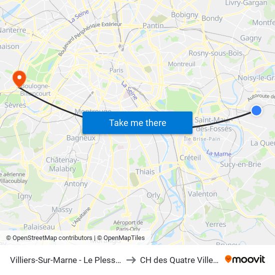 Villiers-Sur-Marne - Le Plessis-Trévise RER to CH des Quatre Villes-St.-Cloud map