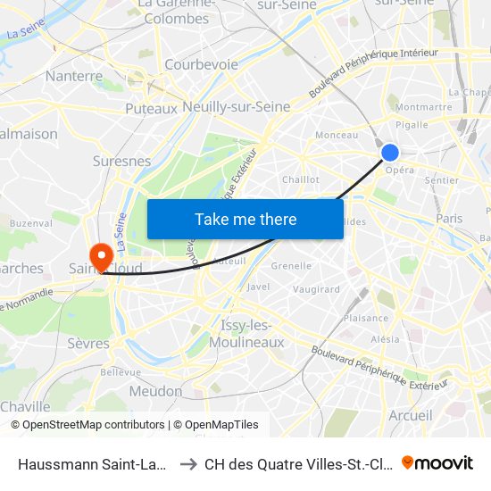 Haussmann Saint-Lazare to CH des Quatre Villes-St.-Cloud map