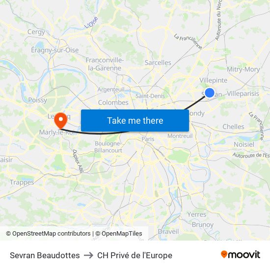 Sevran Beaudottes to CH Privé de l'Europe map
