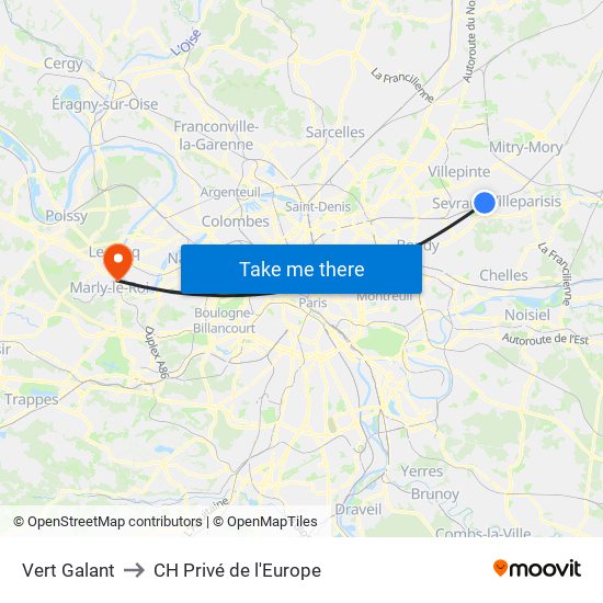 Vert Galant to CH Privé de l'Europe map