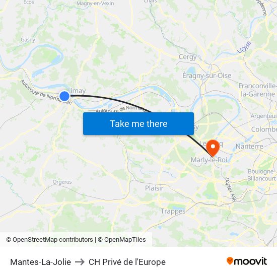 Mantes-La-Jolie to CH Privé de l'Europe map
