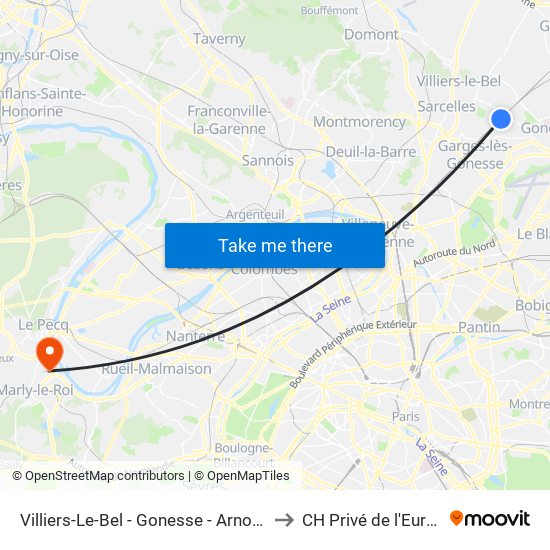 Villiers-Le-Bel - Gonesse - Arnouville to CH Privé de l'Europe map