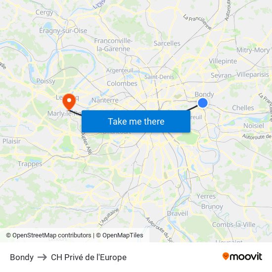 Bondy to CH Privé de l'Europe map