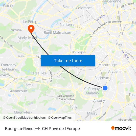 Bourg-La-Reine to CH Privé de l'Europe map