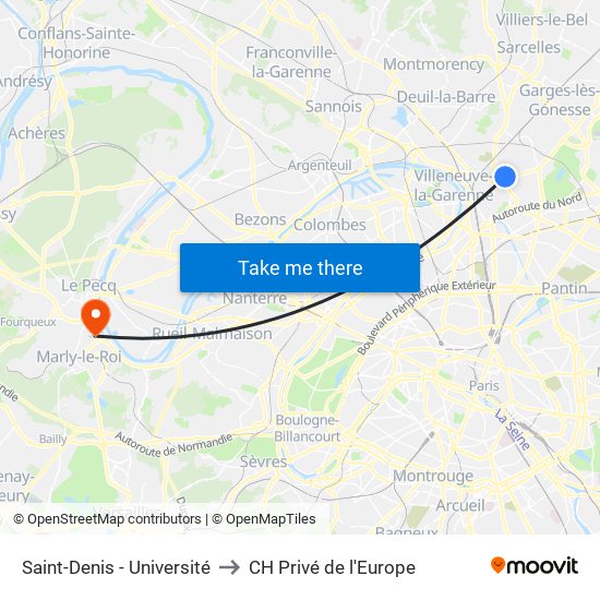 Saint-Denis - Université to CH Privé de l'Europe map