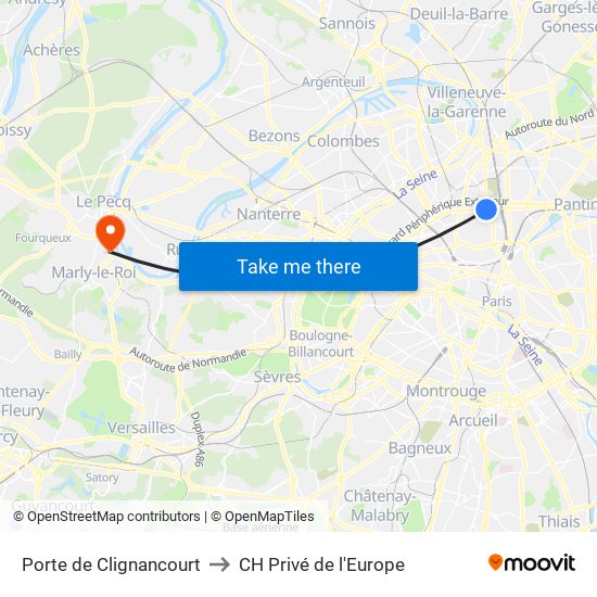 Porte de Clignancourt to CH Privé de l'Europe map
