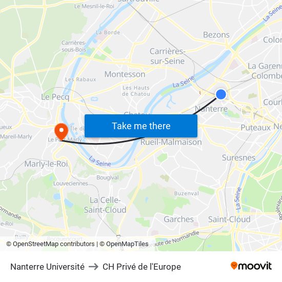 Nanterre Université to CH Privé de l'Europe map