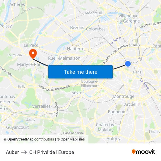 Auber to CH Privé de l'Europe map