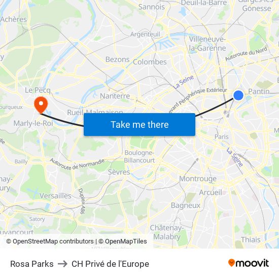 Rosa Parks to CH Privé de l'Europe map