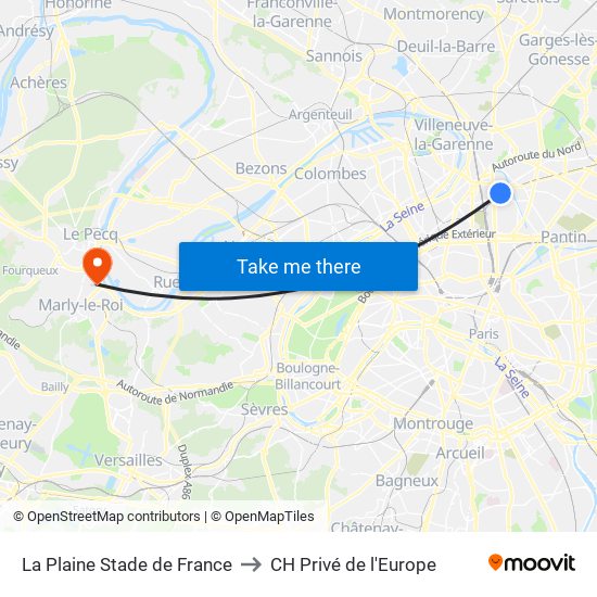 La Plaine Stade de France to CH Privé de l'Europe map