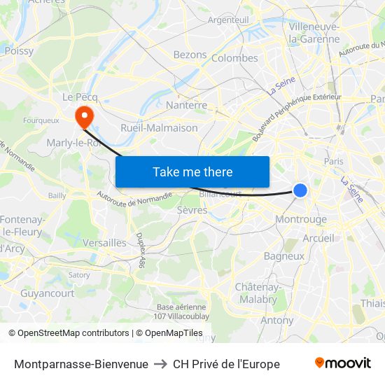 Montparnasse-Bienvenue to CH Privé de l'Europe map