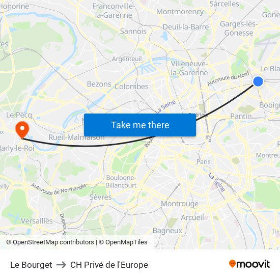 Le Bourget to CH Privé de l'Europe map