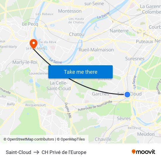 Saint-Cloud to CH Privé de l'Europe map