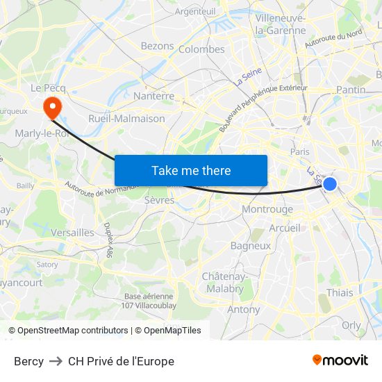 Bercy to CH Privé de l'Europe map