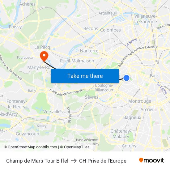 Champ de Mars Tour Eiffel to CH Privé de l'Europe map
