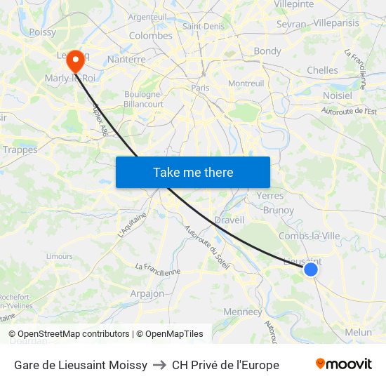 Gare de Lieusaint Moissy to CH Privé de l'Europe map