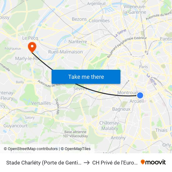 Stade Charléty (Porte de Gentilly) to CH Privé de l'Europe map