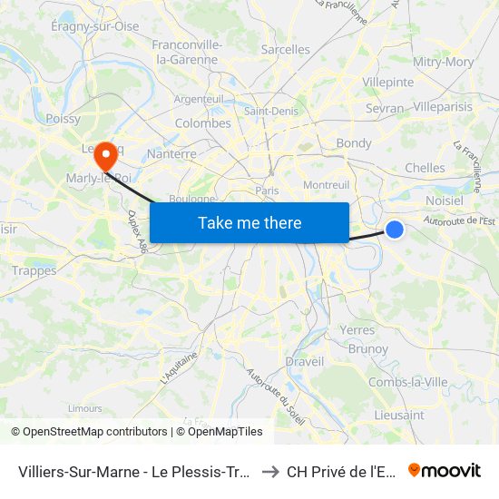 Villiers-Sur-Marne - Le Plessis-Trévise RER to CH Privé de l'Europe map