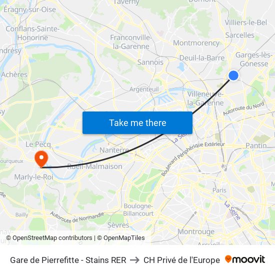Gare de Pierrefitte - Stains RER to CH Privé de l'Europe map