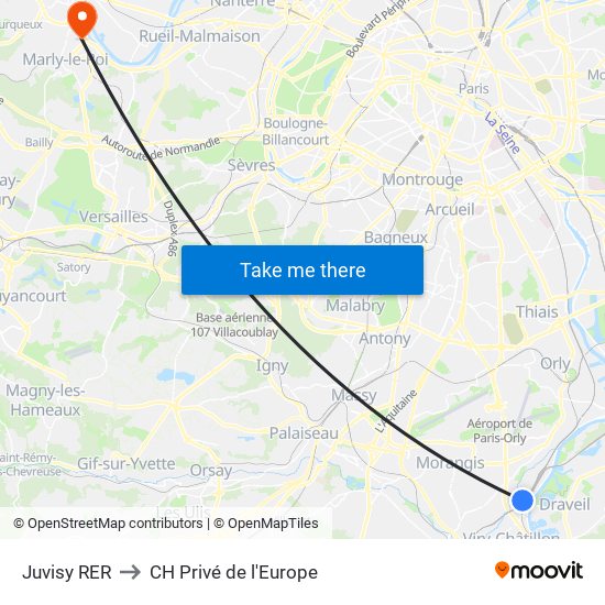 Juvisy RER to CH Privé de l'Europe map