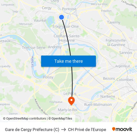 Gare de Cergy Préfecture (C) to CH Privé de l'Europe map